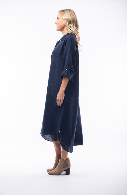 Pure Linen Dress Shirt Maxi - Navy