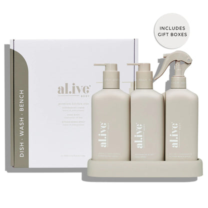 al.ive Lemon & Pomegranate + Watermelon & Lime Kitchen Trio Dishwashing Liquid, Hand Wash & Bench Spray Trio