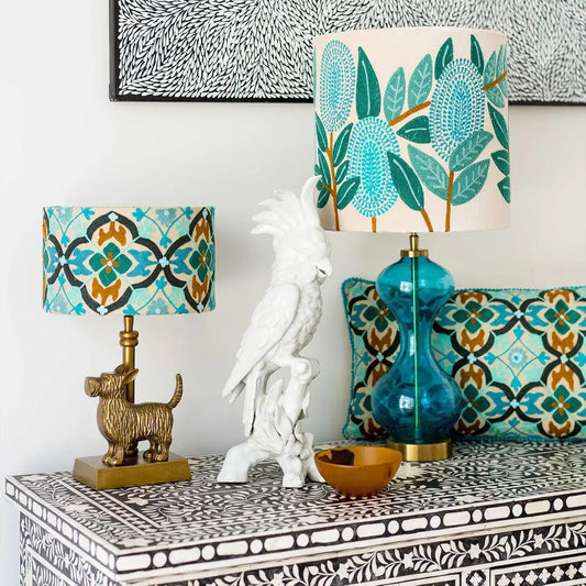 Turquoise Banksia Velvet Drum Shade
