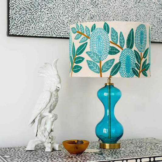 Turquoise Banksia Velvet Drum Shade - Large