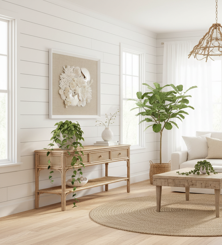 Frame white - no mat, uncovered - coral white, pearl and nautilus on linen fabric