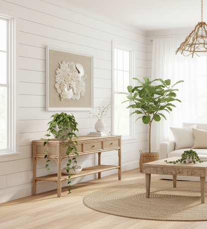 Frame white - no mat, uncovered - coral white, pearl and nautilus on linen fabric