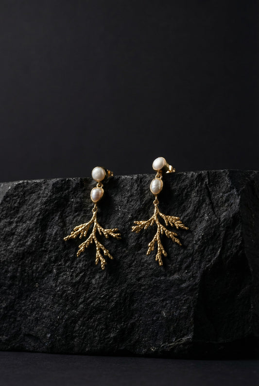 Coral drop earrings with stud pearls