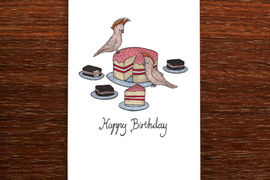 Cockatoos and Cake Birthday greeting card