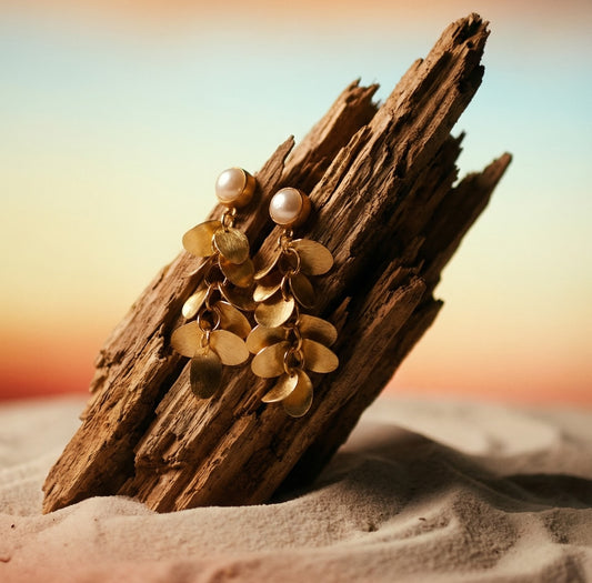 Gold Leaf Chain Earrings with Stud Pearls