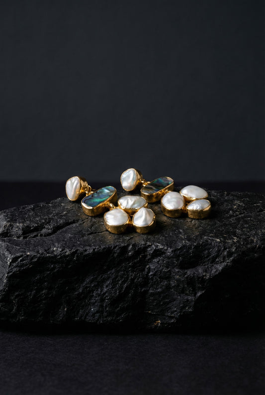 Triple Pearl Drop Earrings with Abalone Inlay