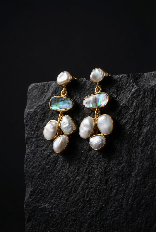 Triple Pearl Drop Earrings with Abalone Inlay