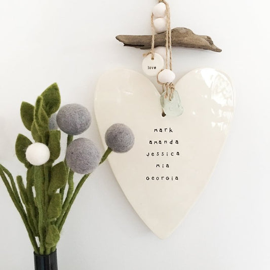 Ceramic heart wall hanging personalised with family names centered
