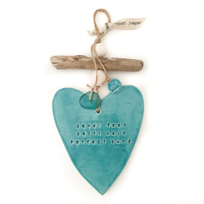 Handmade ceramic heart wall hanging aqua ‘sandy feet, salty hair, perfect surf’