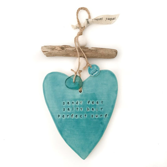 Handmade ceramic heart wall hanging aqua ‘sandy feet, salty hair, perfect surf’