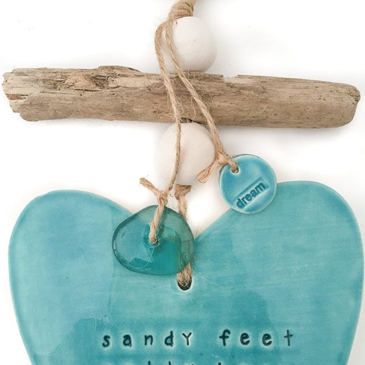 Handmade ceramic heart wall hanging aqua ‘sandy feet, salty hair, perfect surf’