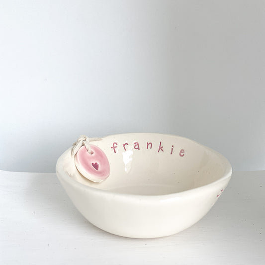 Handmade Personalised Ceramic Little Bowl with Name and Pink Tag