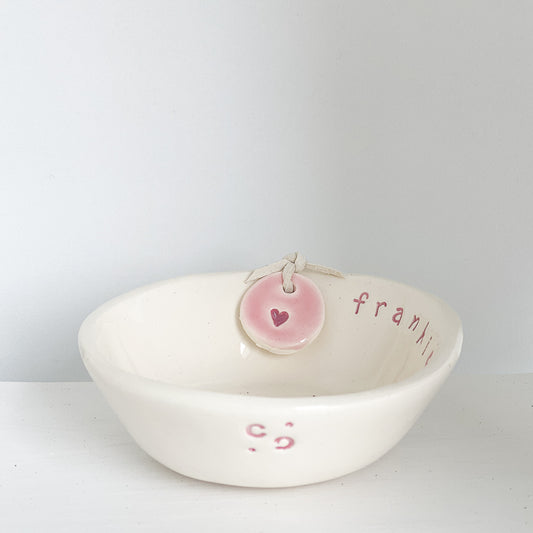 Handmade Personalised Ceramic Little Bowl with Name and Pink Tag