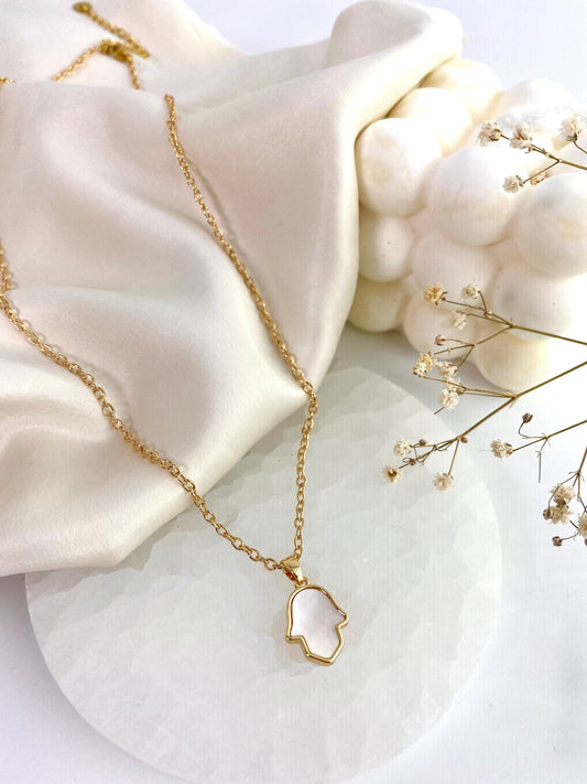 Mother of Pearl Hamsa Hand Pendant Gold Necklace