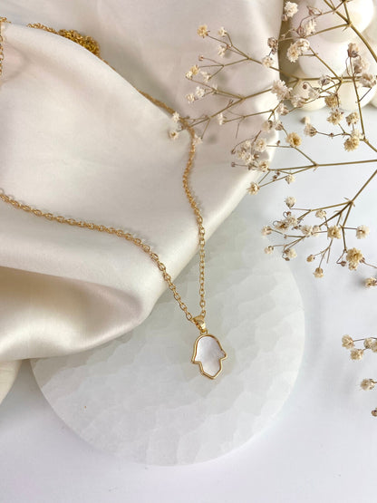 Mother of Pearl Hamsa Hand Pendant Gold Necklace