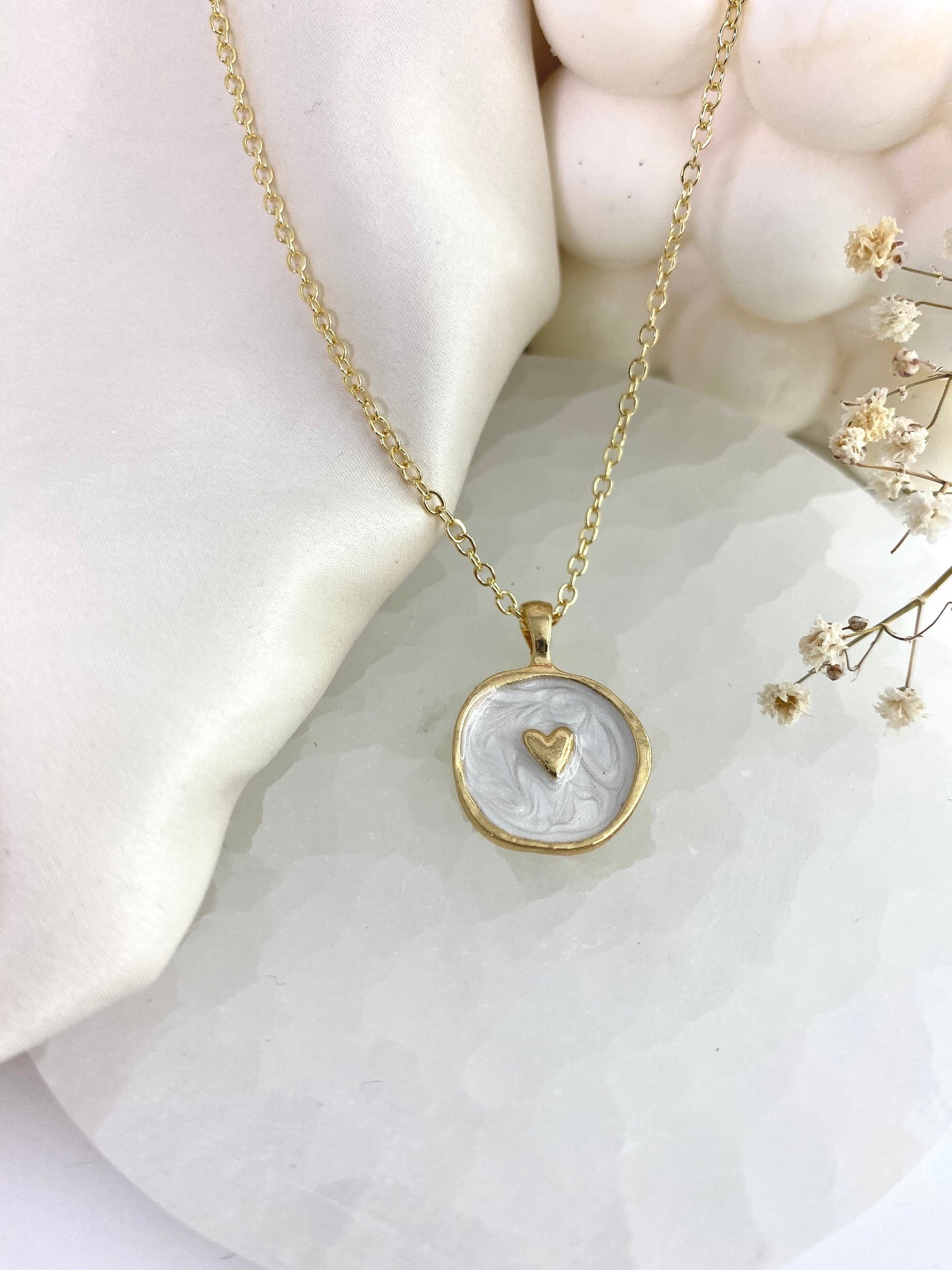 Gold White Heart Necklace