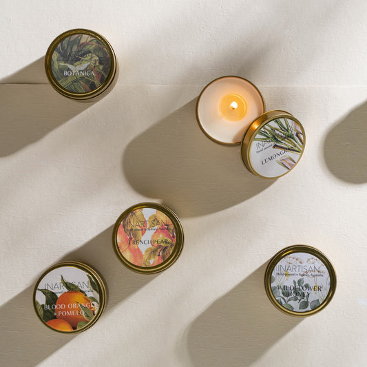 Hand Poured Soy Candle in Brass Travel Tin - Various