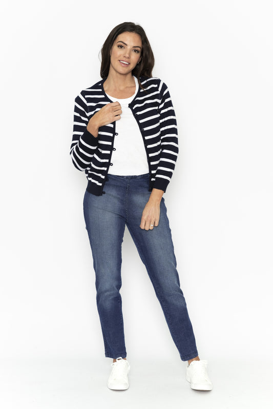 Knit Cardigan Stripe Reversible Navy